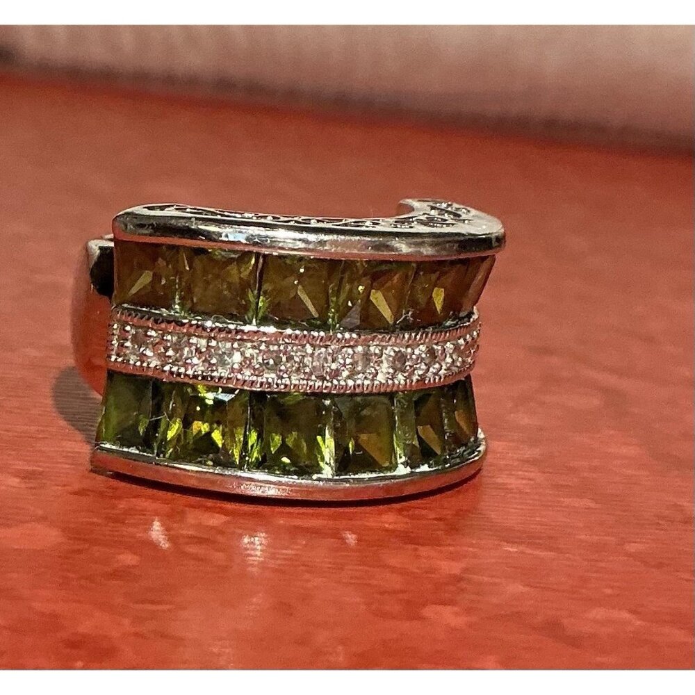 Park Lane Ring Olive Green Silver Tone Faceted Pave CZs Cocktail Statement SZ 7 - Picture 12 of 14